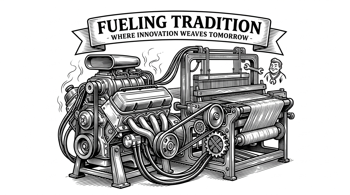 A vintage mechanical weaving loom driven by a modern V8 engine block. It illustrates strapping extreme performance engines onto a legacy grid-based medium.
