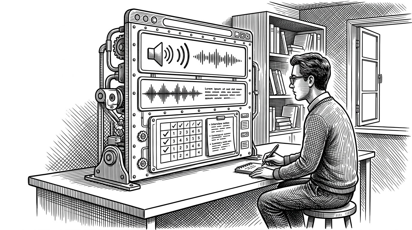 A job seeker sits at a desk facing a browser window that behaves like an interview panel. The screen is divided into stages that show a spoken question, a live waveform with transcription, and a scoring card with saved notes, which explains how the app conducts and remembers an interview loop.
