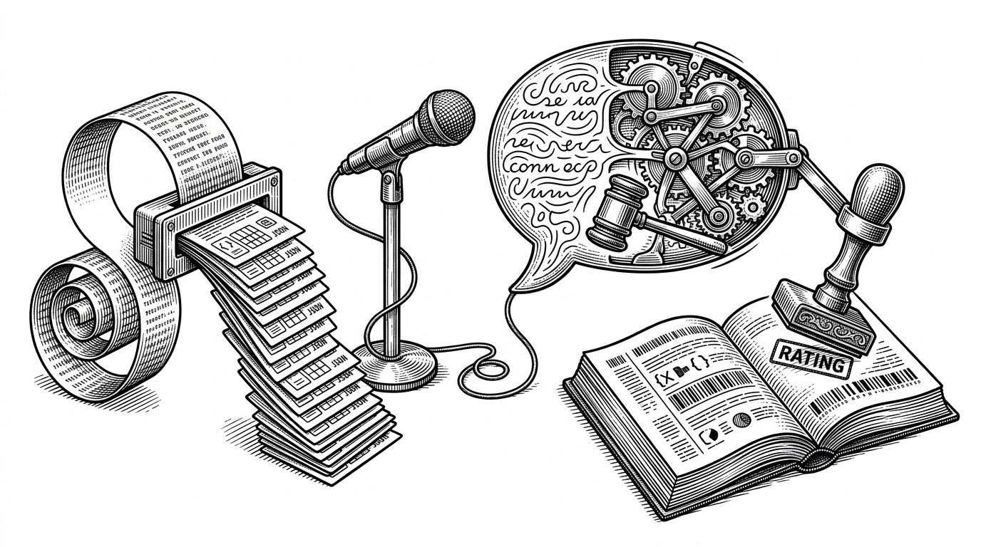 A close-up mechanical relay shows a prompt becoming JSON question cards, then a microphone feeding transcribed text into a feedback engine, and finally a ledger-style answer record stamped with a rating. The image explains how spoken practice becomes a stored evaluation pipeline.