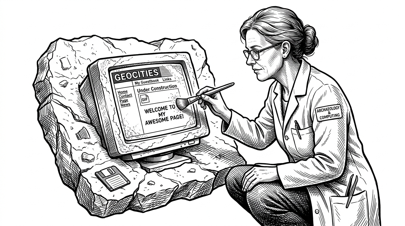 A scientist in a lab coat carefully brushing dust off a perfectly preserved, fossilized computer monitor embedded in a slab of rock. The monitor displays a crude website layout.