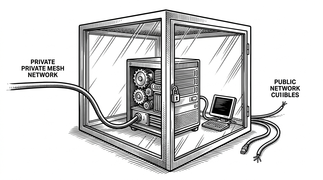 A sealed server cabinet sits behind a private network boundary, with one cable arriving from a trusted mesh and another looping back to a local terminal. The image shows that the model server is treated like a private appliance, reachable only through controlled paths.