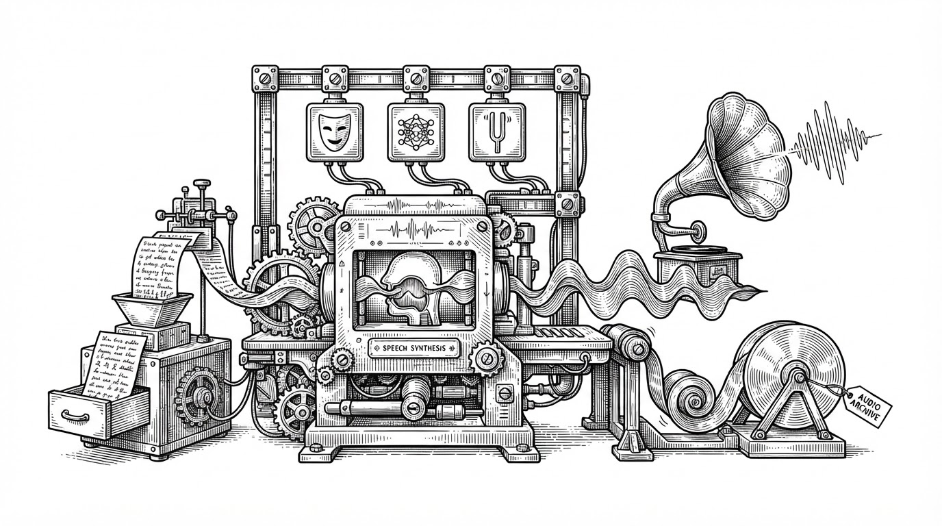 A compact production line routes text through a cache, then a synthesis step, then playback or save output. The scene explains how cloud providers can share one flow while keeping provider-specific logic isolated.