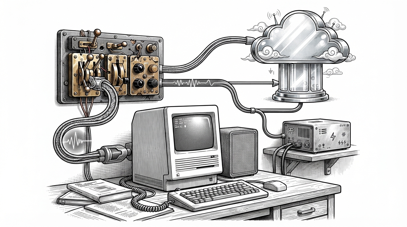 A vintage terminal sits on a desk like an old control console, with speech routed through a branching switchboard toward cloud, local, and fallback paths. The image explains the core idea of preserving the familiar command while swapping the engine underneath it.