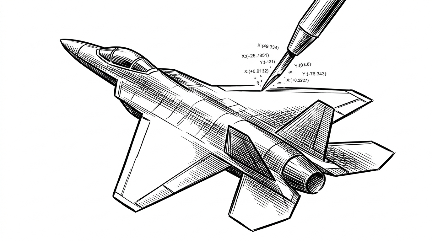 A metallic stylus carving the geometric outline of a fighter jet into a blank canvas, surrounded by floating X and Y coordinates.