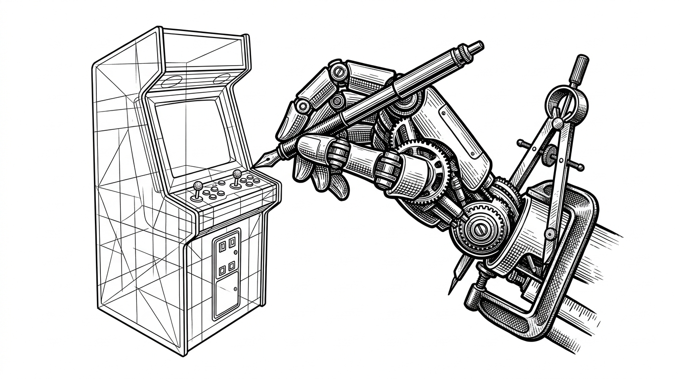 A mechanical robotic hand holding a drafting pen, clamped by a heavy brass compass, drawing a perfect wireframe arcade cabinet.