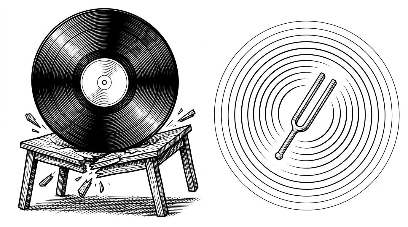 A split composition showing a heavy vinyl record crushing a table on the left, and a glowing tuning fork emitting sound waves on the right.