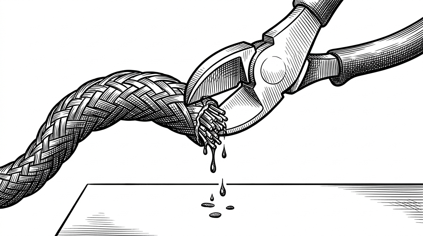 A thick braided ethernet cable severed by wire cutters, dripping ink drops onto an aluminum surface. This represents cutting ties with cloud APIs for local AI.
