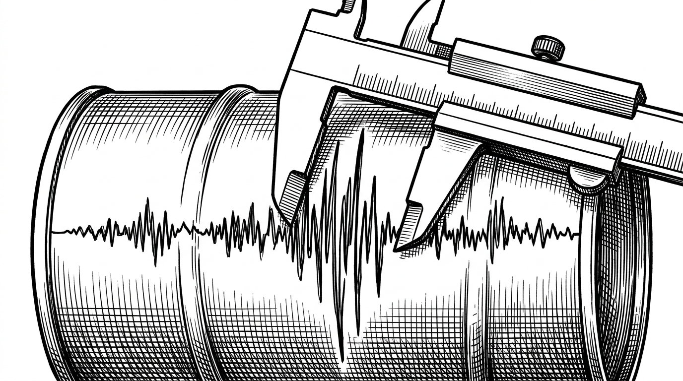 A mechanical caliper clamping onto a tiny audio waveform and stretching it vertically. This illustrates the RMS amplification logic.