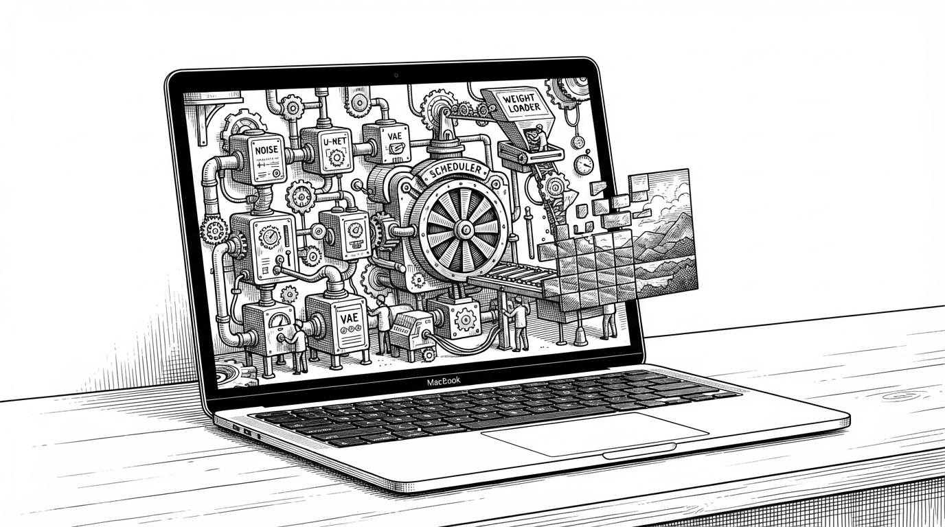 A MacBook sits on a clean desk while the screen reveals a compact mechanical image-generation pipeline instead of a normal app UI. Small modules, a scheduler wheel, a weight loader, and a tiled image lattice work together to assemble a finished image, showing that the system is native machinery rather than a wrapper.