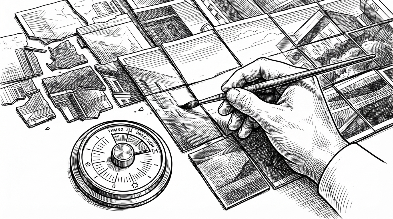 A close-up cross-section shows a large image rebuilt from overlapping tiles while a scheduler dial sits beside it. The tiles are being blended into a smooth whole by careful mechanical passes, explaining how resolution and timing work together to keep the output clean.