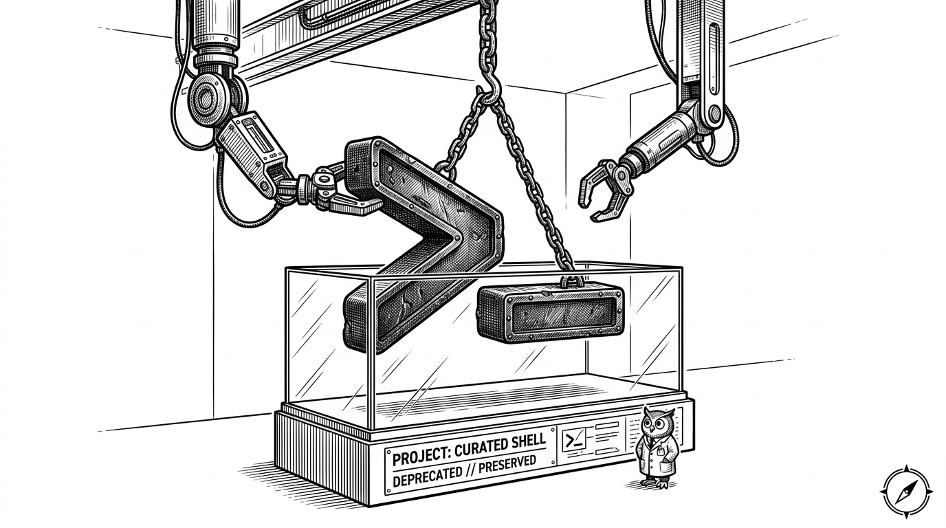 A heavy industrial terminal prompt being lowered into a pristine glass display case by robotic arms, representing the native macOS wrapping of a raw CLI tool.
