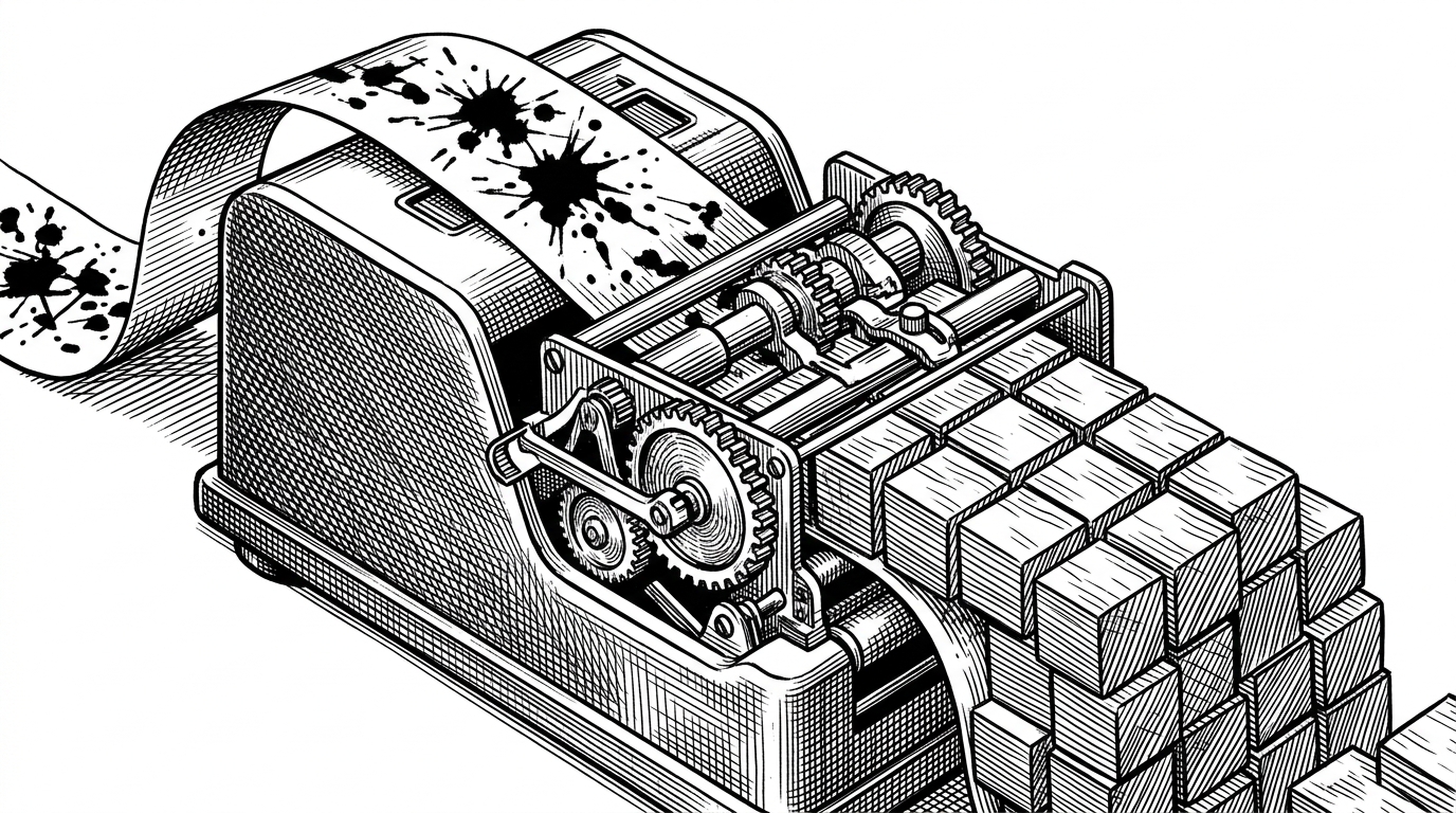 A vintage ticker-tape machine processing chaotic ink splatters into neatly organized wooden blocks, symbolizing regex parsing of terminal output.