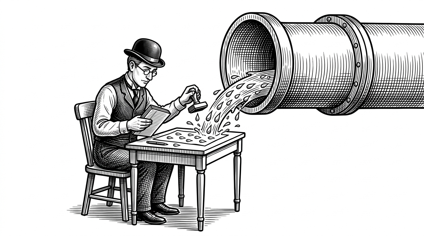 A Victorian-style clerk sitting at a small desk in front of a massive pipe. He holds a ledger and a stamp. Every drop of water passing through the pipe must be individually stamped by the clerk.