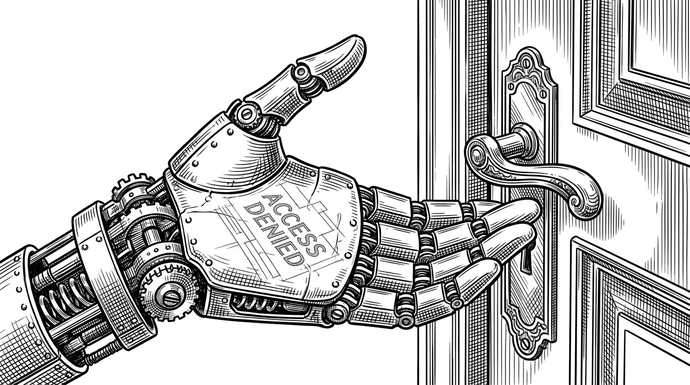 A mechanical hand reaching for a door handle, but seeing a ghostly 'Access Denied' blueprint reflected on the palm of its hand, representing the violation feedback loop.