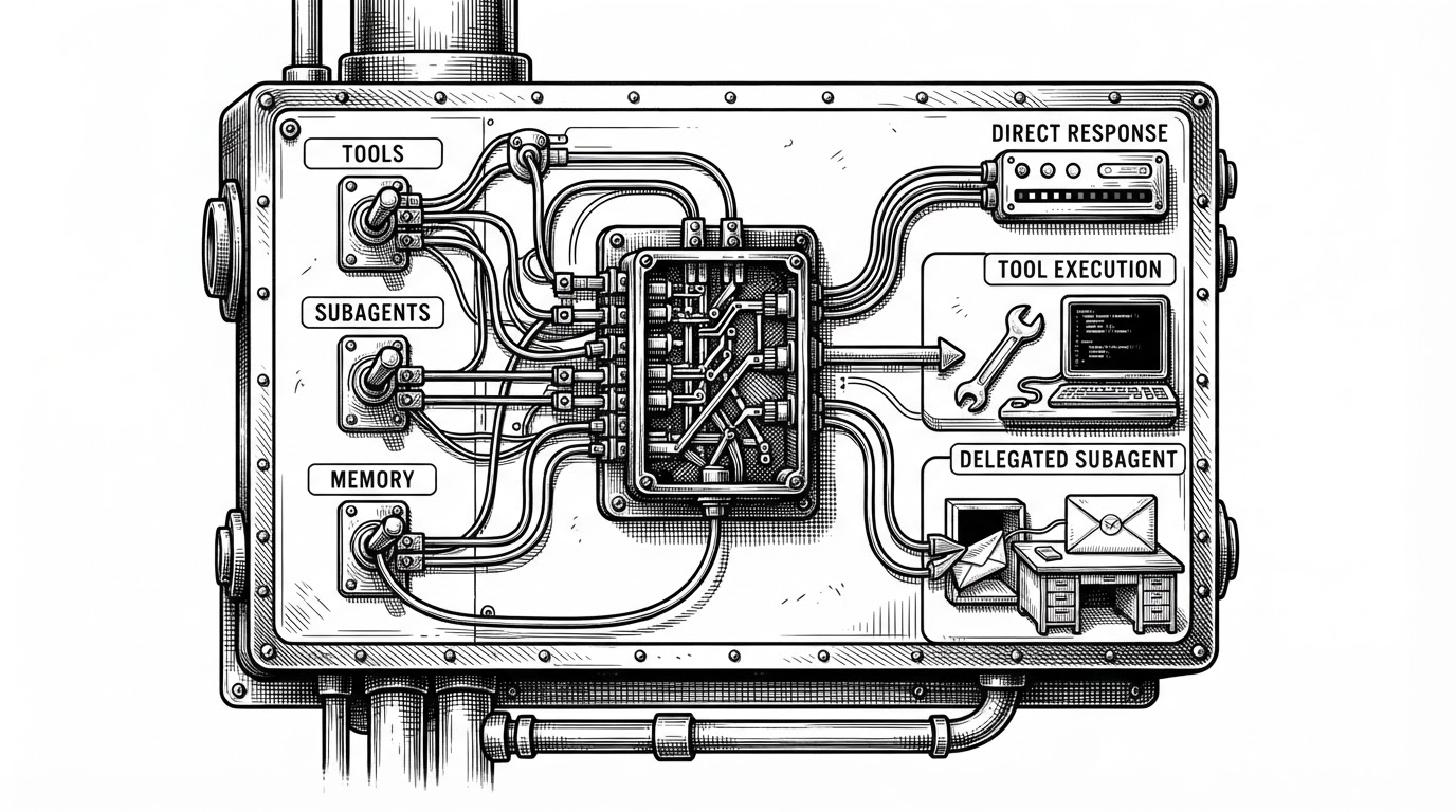 A close editorial illustration of a switchboard where three toggles feed a central relay box and the output branches into direct response, tool execution, and delegated subagent work. One loop returns to the relay as memory, making the runtime visible as a set of connected paths.