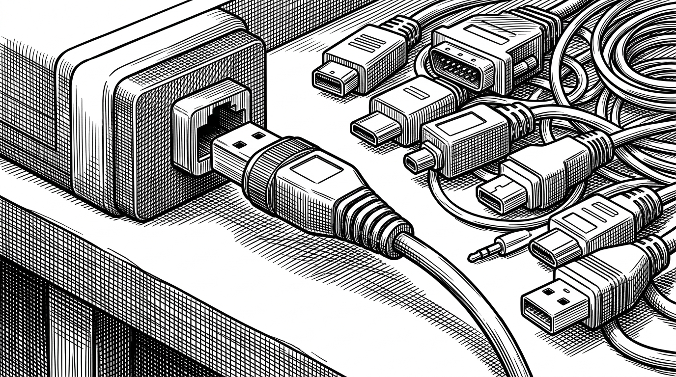 A tight close-up shows a single machined connector snapping into place while a messy nest of adapters and loose cables sits beside it. The picture contrasts ad hoc scripts with a standardized command-line workflow.