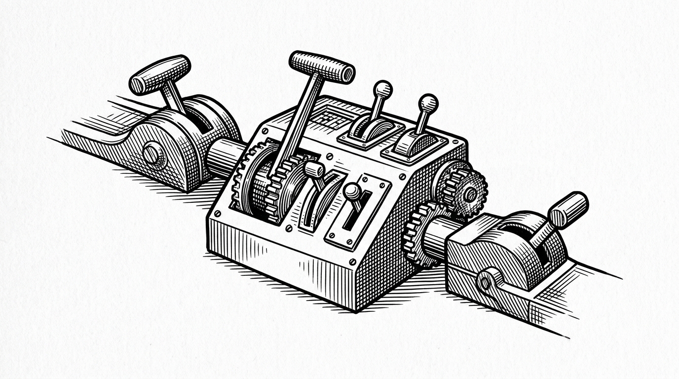 A medium-distance black-ink illustration shows two old mechanical control levers converging into one clean central switch cabinet. The scene explains that multiple protobuf syntax modes collapse into one resolved policy layer instead of branching the runtime into separate systems.