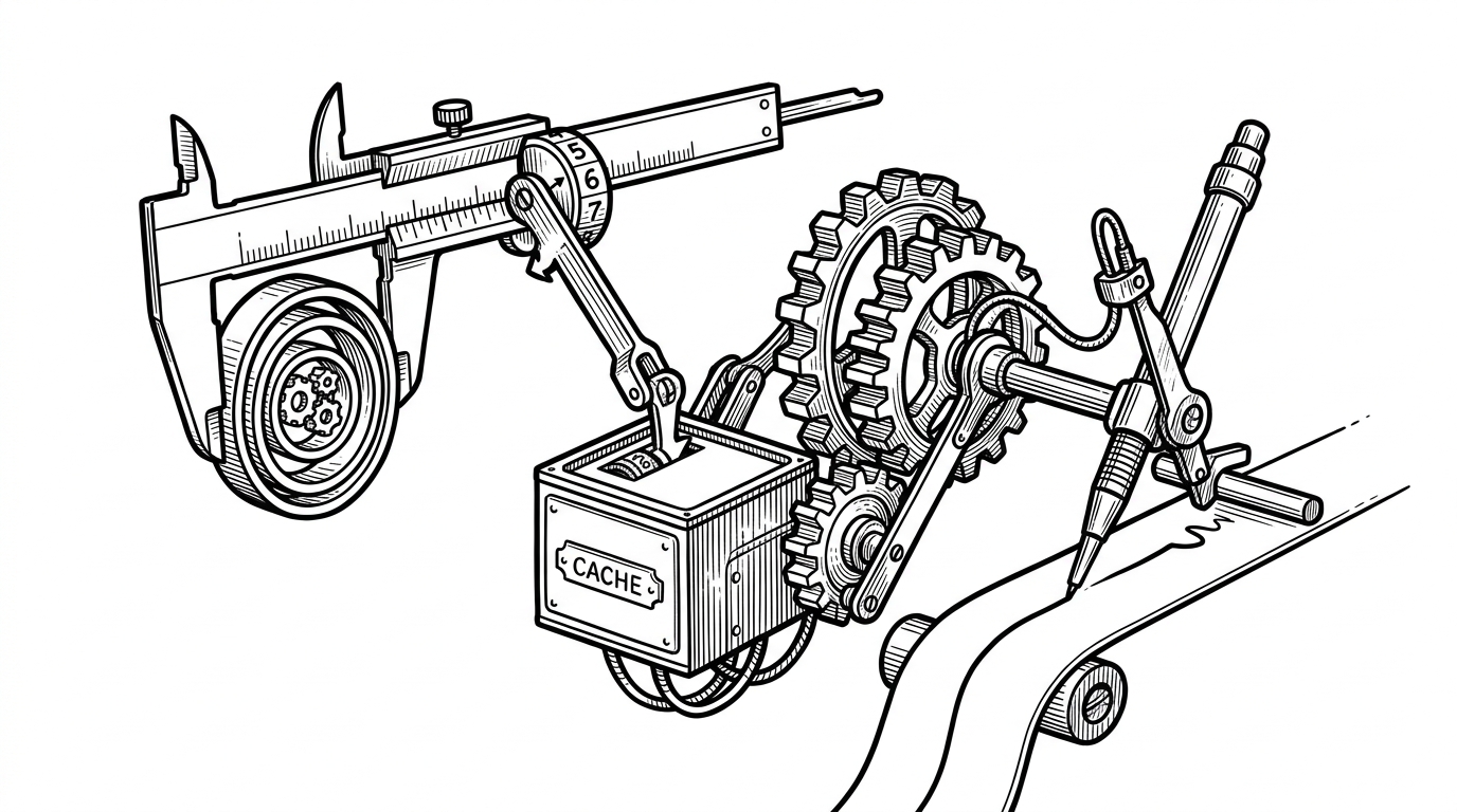 A close-up black-ink illustration shows a message body passing through a measuring gauge once, then a cached dial feeding a long uninterrupted writing stroke. It explains that serialization computes size first, stores the result, and then emits bytes in a single linear pass.