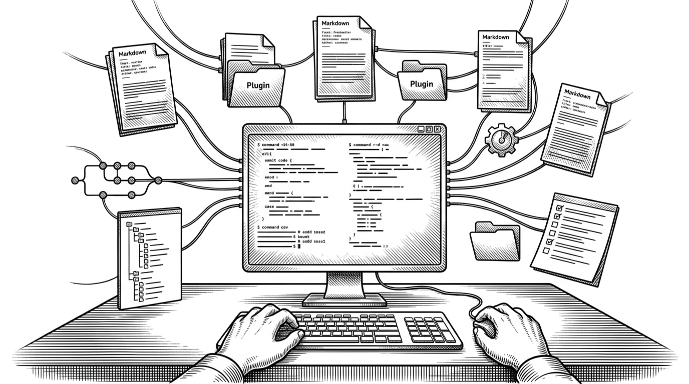 A wide terminal workspace sits at the center of a sparse developer desk, with Markdown files and plugin folders linked into the terminal by thin wires. The scene explains that Claude Code lives in the shell and treats project files as part of its operating system, not as passive documentation.