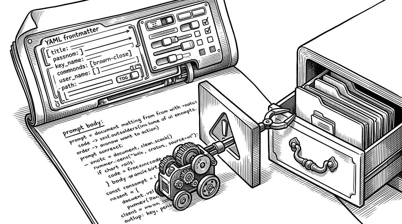 A close-up of a Markdown file divided into a top permission panel and a lower instruction body, with a guardrail wall blocking a risky tool action before it reaches the filesystem. The image explains how frontmatter shapes what Claude Code may do while the text below drives the agent’s behavior.