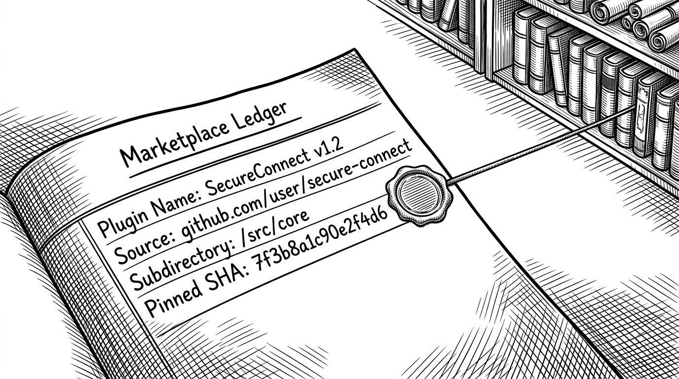 A close-up of a single marketplace entry written on a ledger page. The entry shows a plugin name, a source URL, a subdirectory path, and a pinned SHA stamped beside it like a security seal. The image explains that the marketplace is a catalog of references, with trust anchored to exact revisions rather than mutable branches.