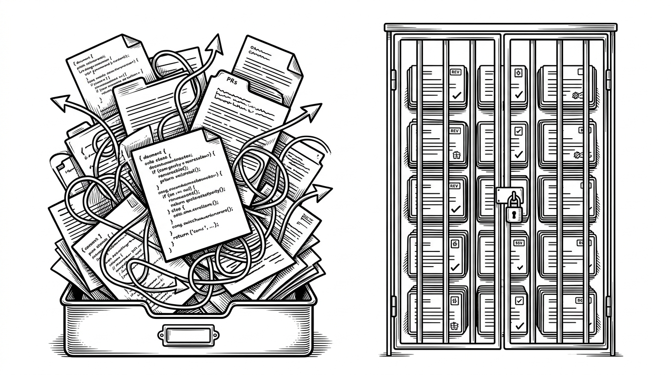 A split scene contrasts a messy stack of public pull requests on the left with a narrow, orderly curated directory on the right. The left side looks noisy and direct, while the right side looks controlled, pinned, and safer. The image explains why Anthropic separates contribution from publication in this repository.