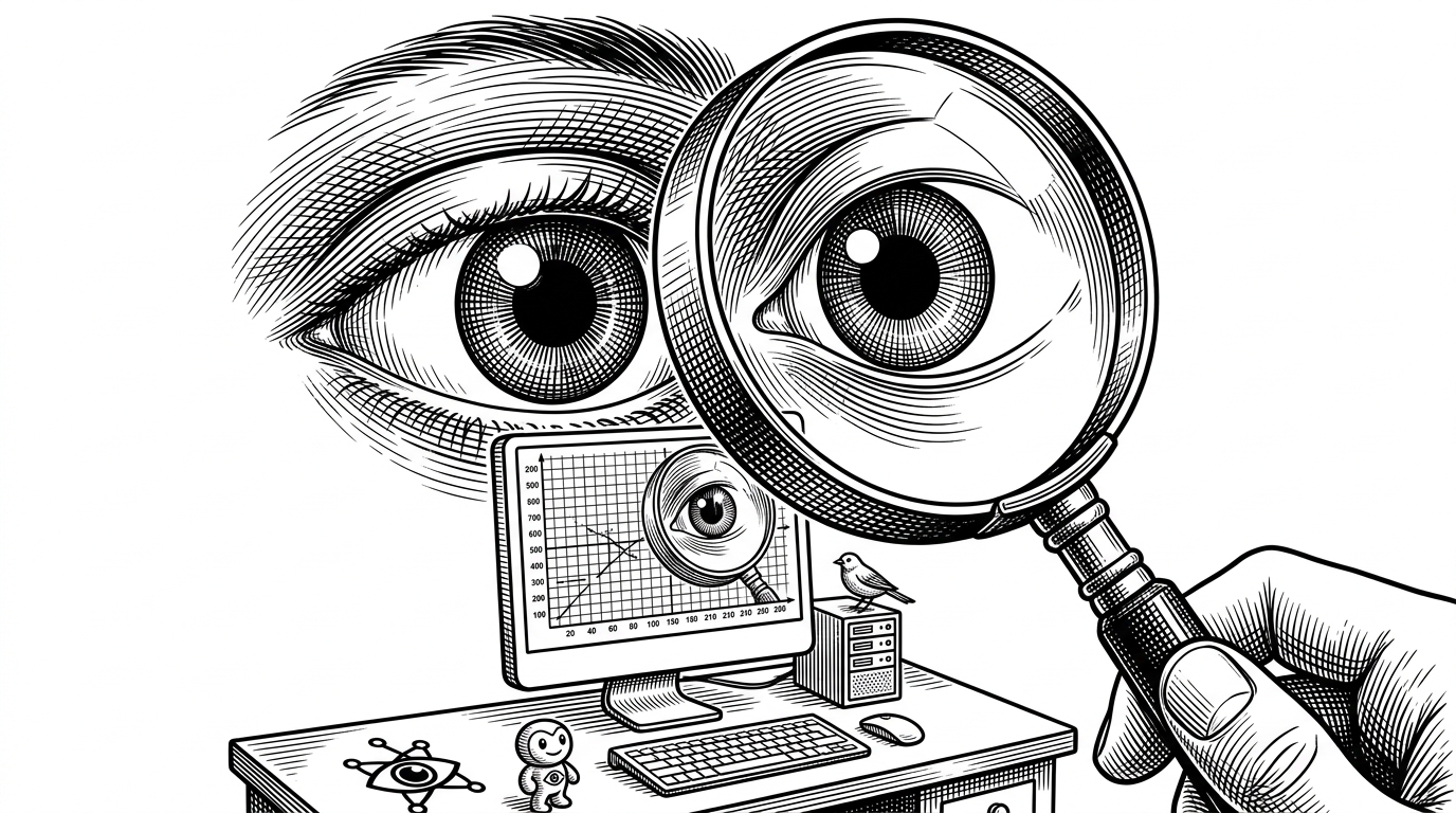 A giant detailed human eye looking through a magnifying glass at a miniature desktop computer reflecting a grid of coordinates, illustrating the vision-to-action pipeline of Claude's computer use.