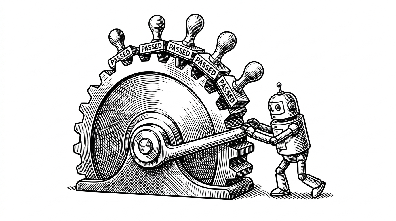 A heavy iron ratchet gear with a small robot pushing a lever, locking 'Passed' stamps into the teeth, illustrating additive progress in autonomous coding.