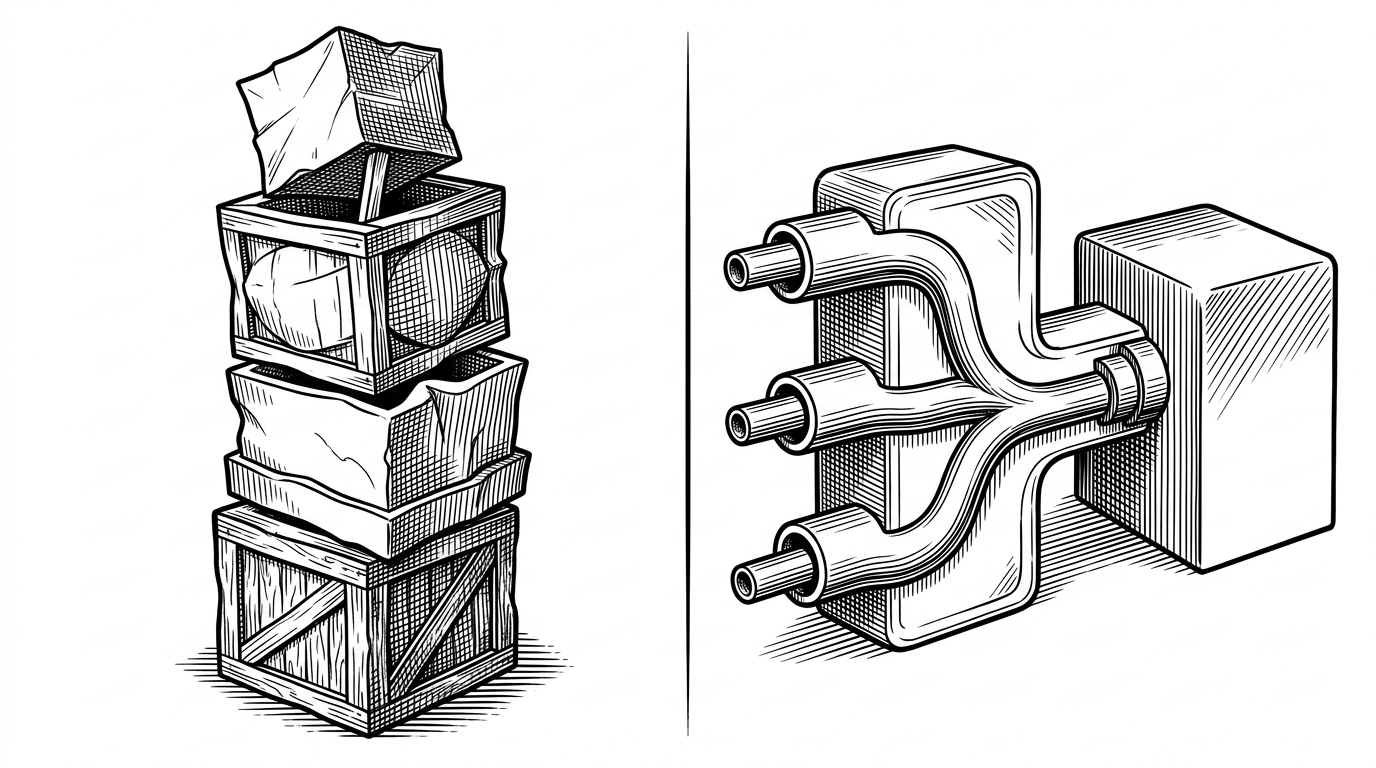 A split editorial illustration that contrasts a cluttered stack of separate RPC concerns on the left with one clean Tower-native service on the right. It explains the article's comparison: connect-rust collapses several protocol paths into one runtime.