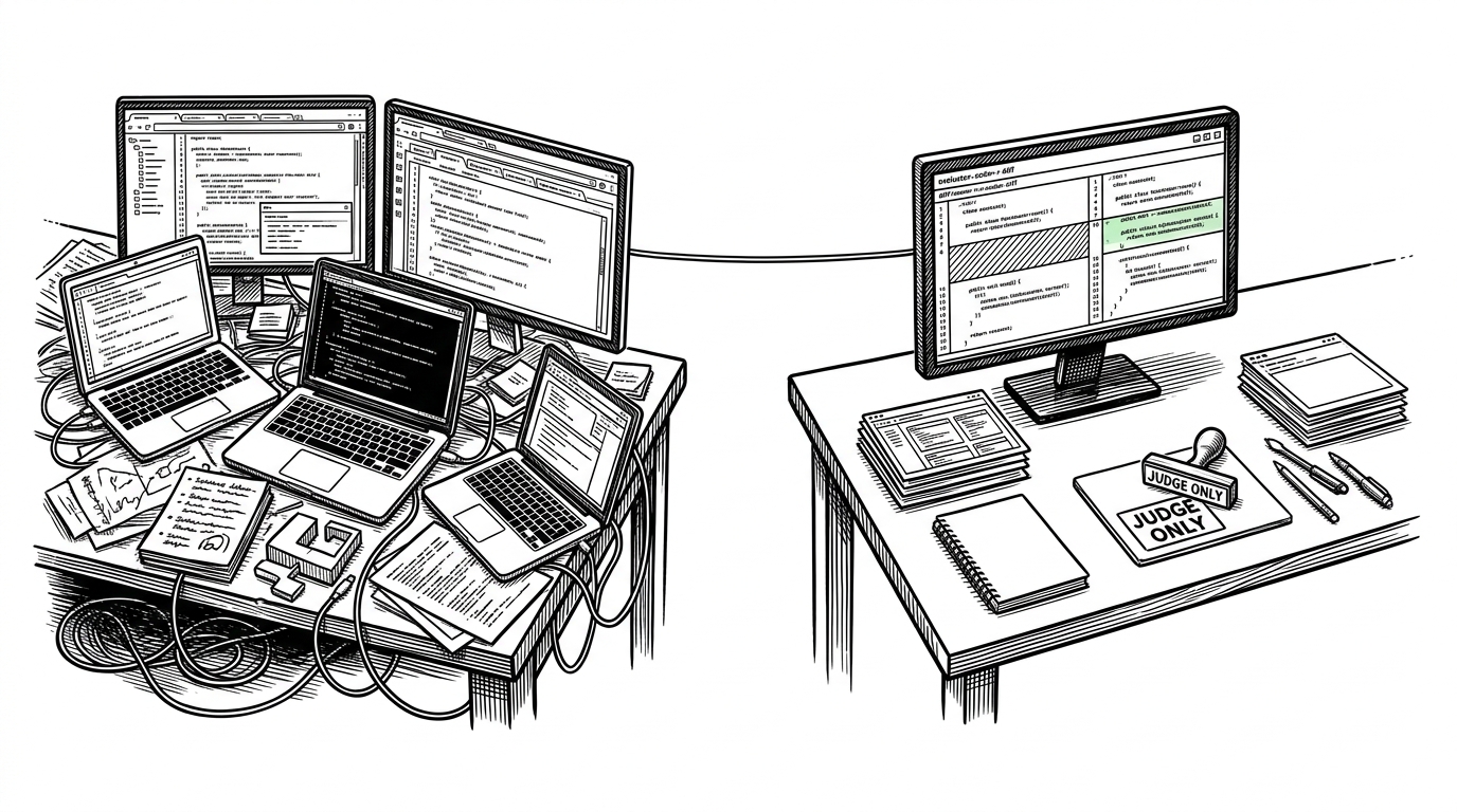 Two desks sit side by side in a split workspace. The left desk is cluttered with open tabs and half-finished edits, while the right desk is clean and focused on a diff, screenshots, and a stamp labeled judge only. The image explains why the evaluator starts from fresh context.