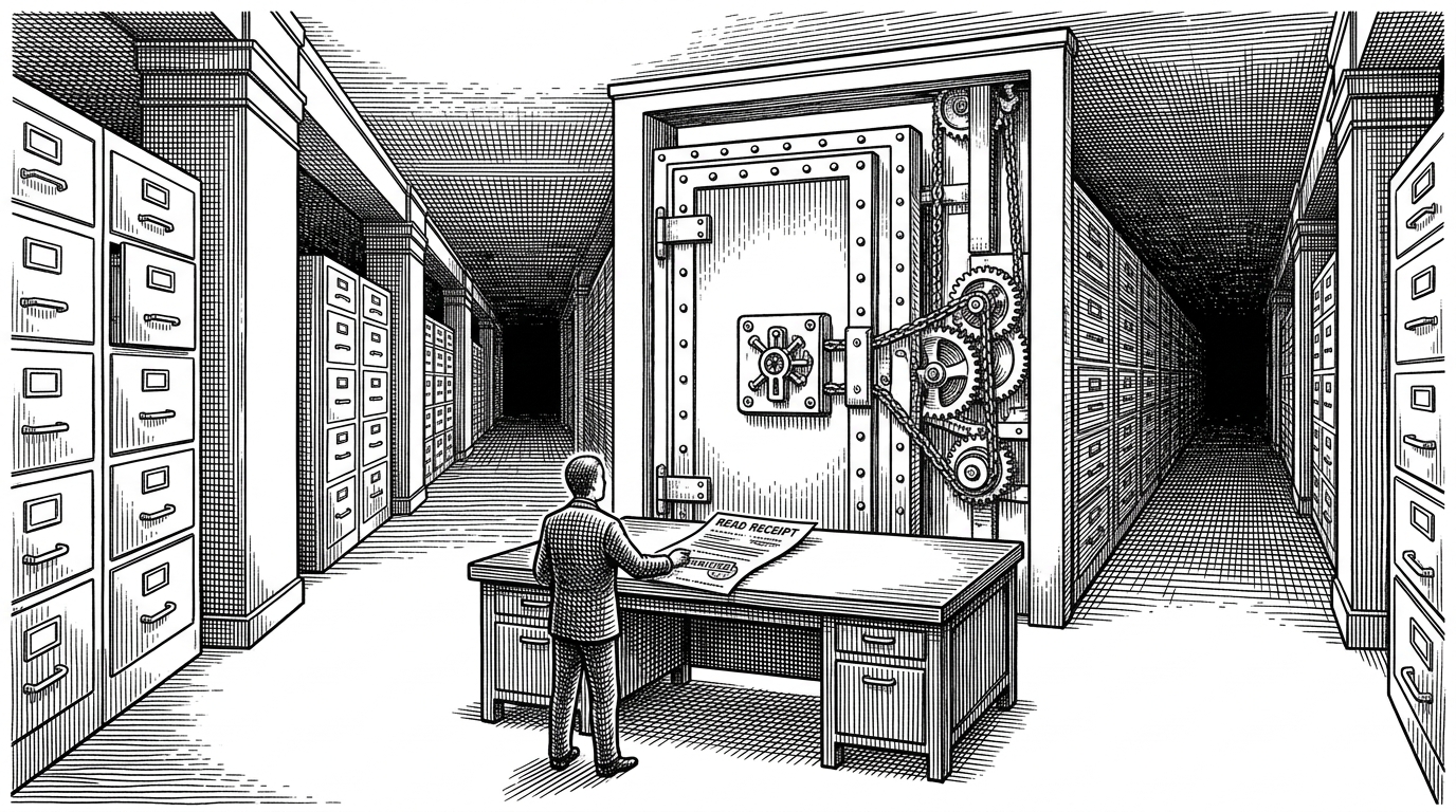 A long corridor of file cabinets and locked doors, with a small agent figure stopped at a results door until it places a read receipt on a desk. The image explains that success cannot be declared until evidence has been inspected and recorded.