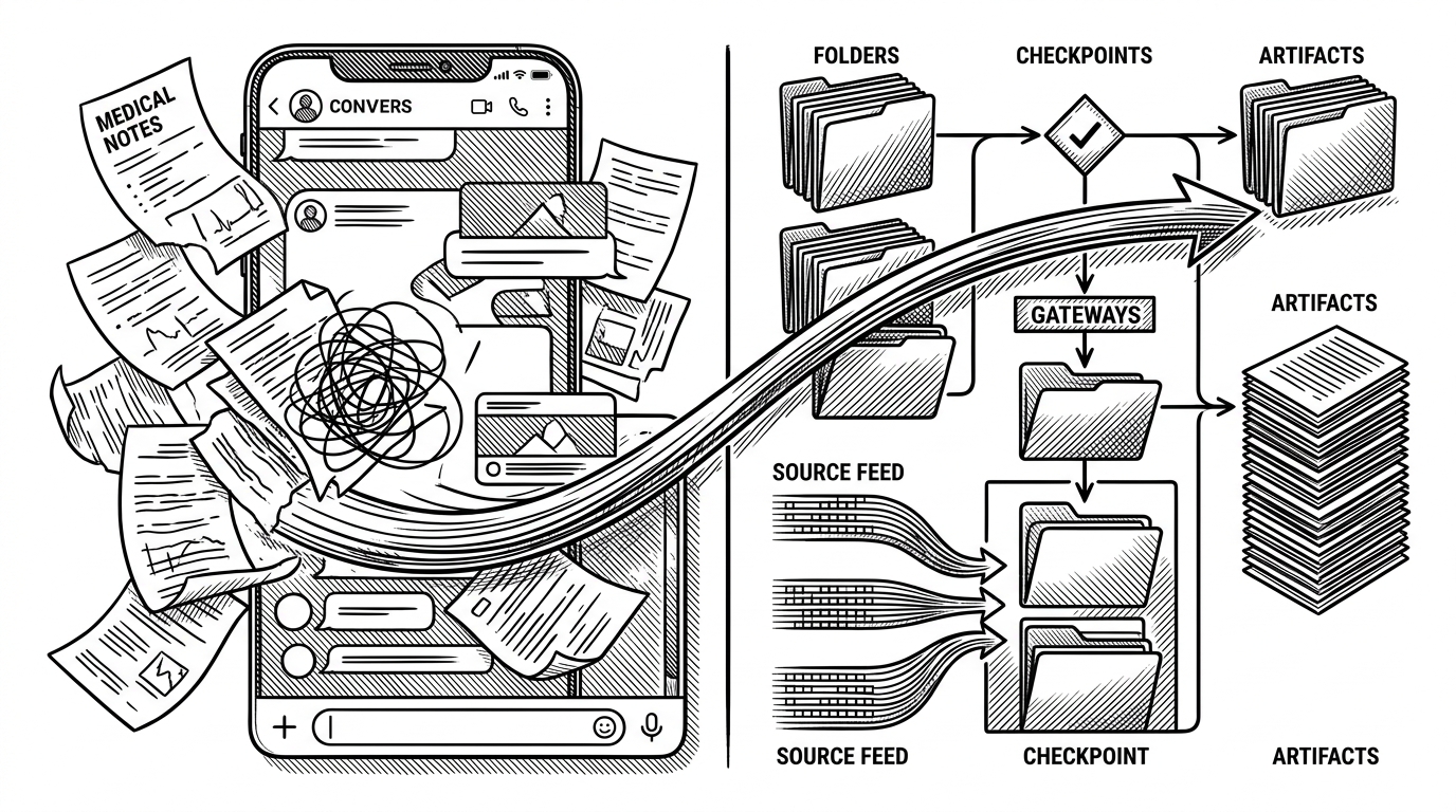 Split scene with a messy chat window on one side and a structured, file-backed workflow on the other. It contrasts generic assistant behavior with the repo's checkpointed process design.