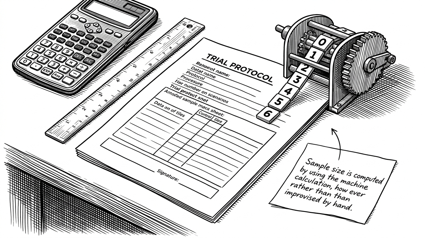 A workbench with a calculator, ruler, and protocol sheet, plus a small mechanical device feeding numbers into the page. It explains why sample-size math is handed to Python and SciPy instead of asking the model to improvise.