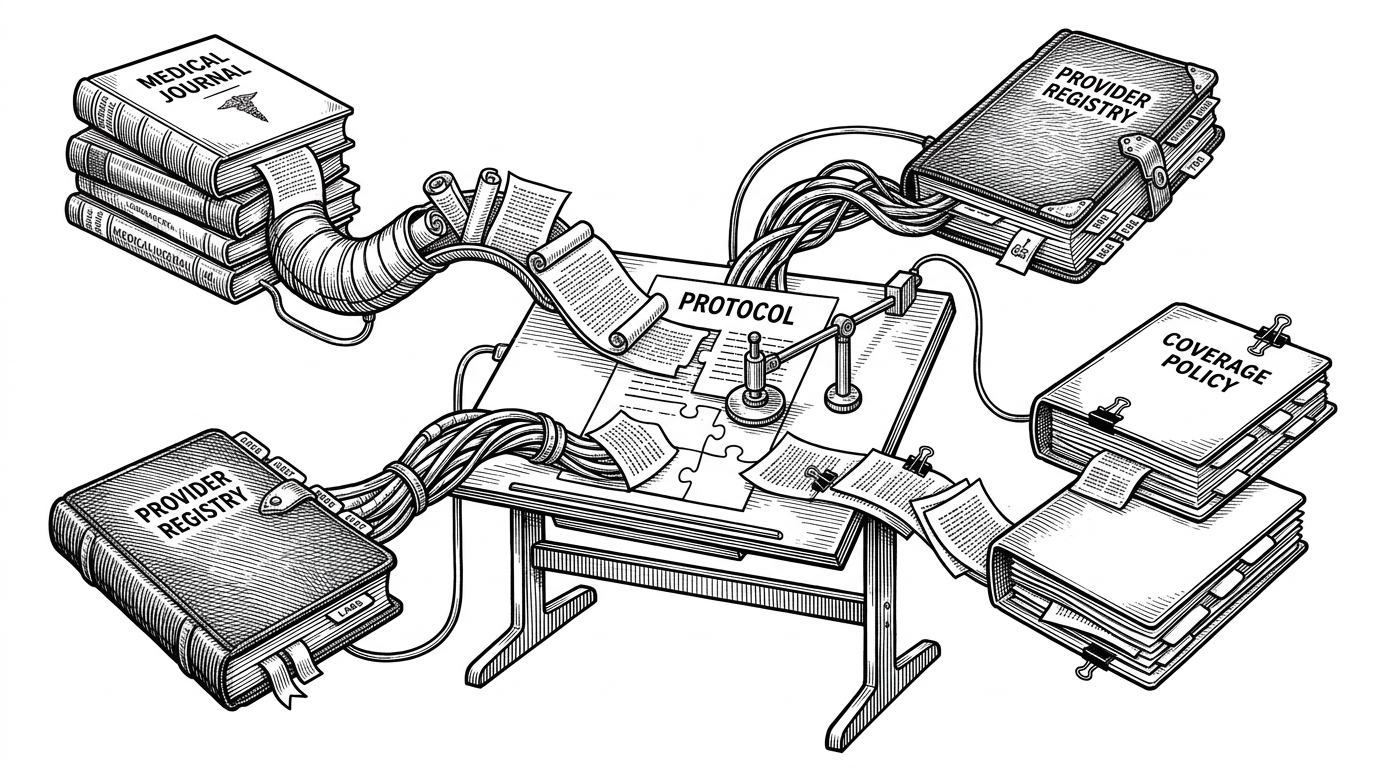 A desk with three conduits feeding into a protocol page from a medical library, a provider registry, and a coverage database. It shows the repo assembling healthcare output from live sources instead of model memory.