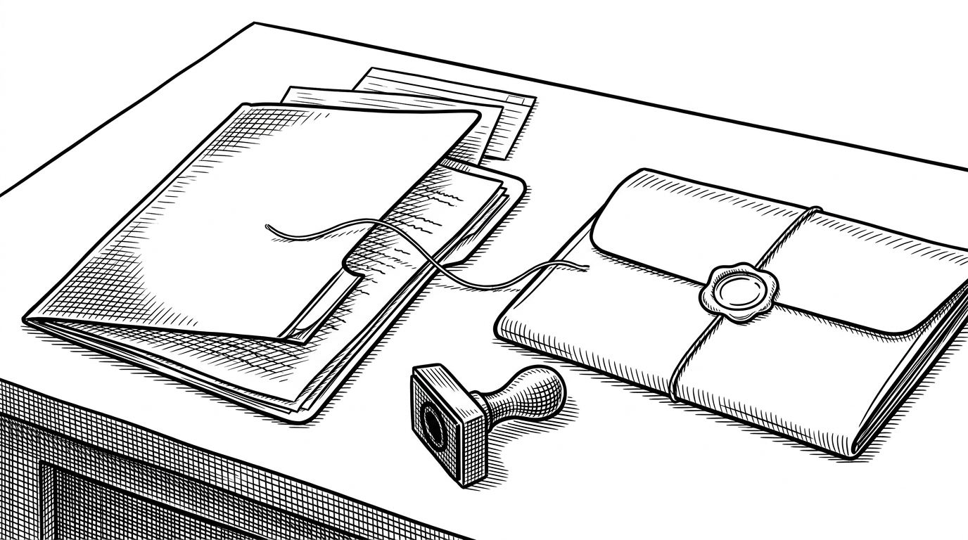 A tight view of folders, stamps, sealed envelopes, and a thread linking one checkpoint to the next. It explains deferred loading, where the next instruction set stays sealed until the workflow reaches the correct waypoint.