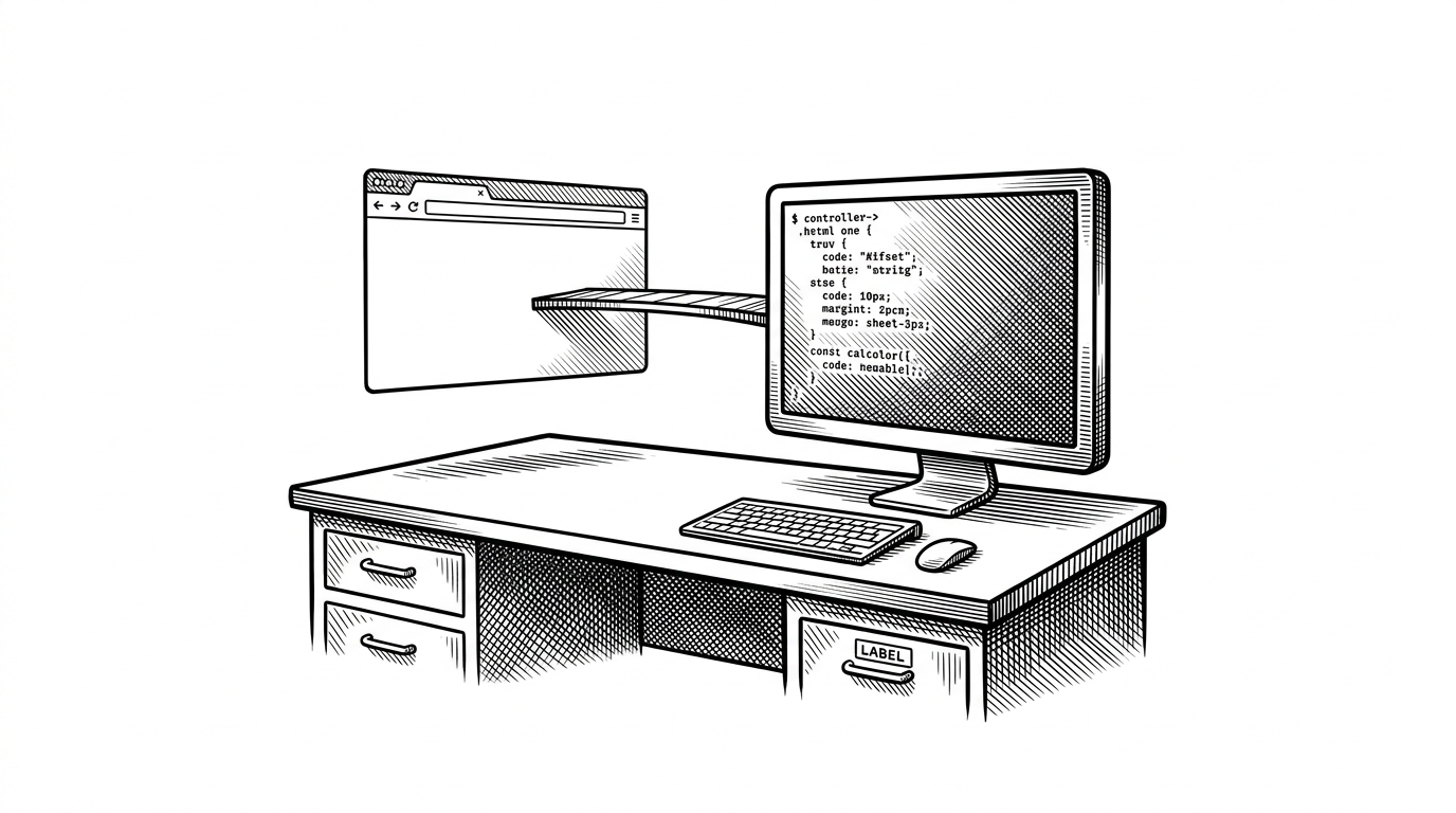 A medium-distance office scene shows a browser window and a terminal window sitting side by side, with the terminal visually dominant and connected to a narrow bridge. It shows the shift from a chat surface to a workflow tool that lives in the developer's daily environment.