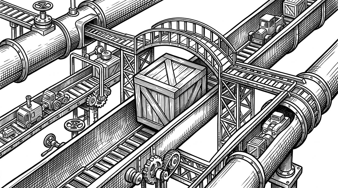 A close-up view of a mechanical pipeline where one oversized block jams a narrow channel while neighboring lanes keep moving. The image illustrates how the article's optimization problem is about routing around stalls and keeping the rest of the machine busy.