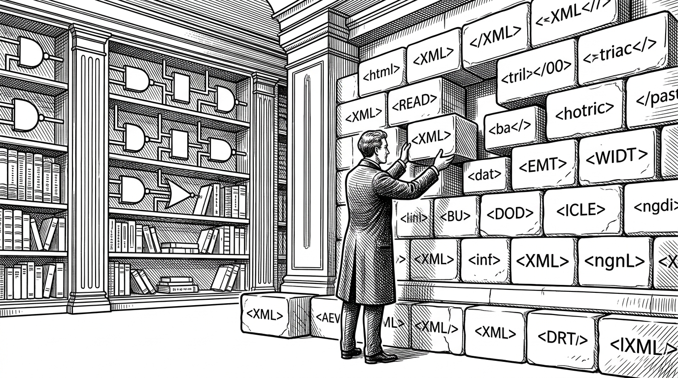 A wide shot of a classical library where the bookshelves are made of glowing logic gates. A scholar fits precisely carved XML stones into a massive architectural wall, illustrating the structural nature of Anthropic's prompting techniques.