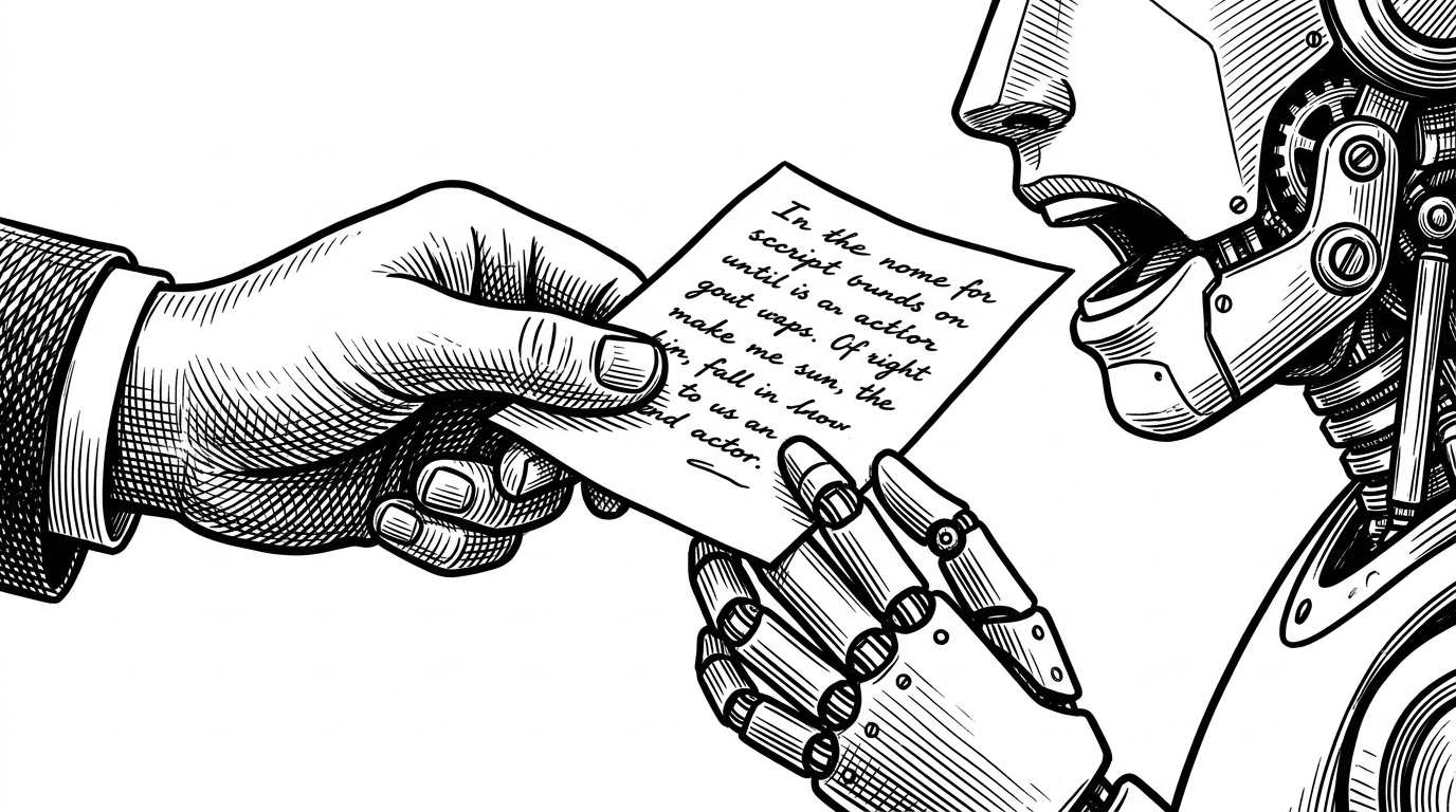 A close-up of a human hand discreetly passing a script with a JSON bracket to a mechanical actor on a stage. The actor is already opening its mouth to speak the next character.