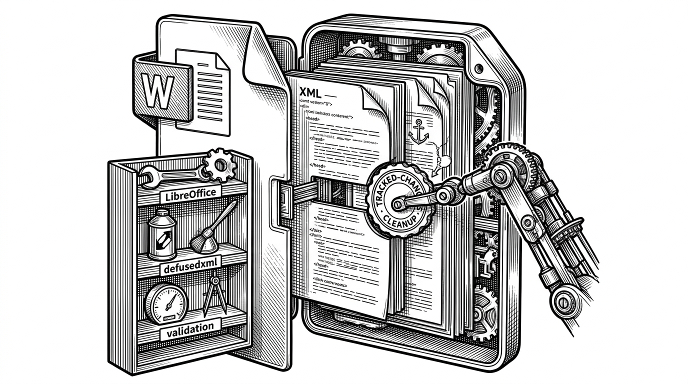 A close-up illustration shows a DOCX file opened like an engine housing. Inside are stacked XML pages, a comment anchor, and a mechanical arm applying a tracked-changes seal while a small shelf of tools sits nearby. The image explains that document editing here is structured manipulation, not plain text replacement.