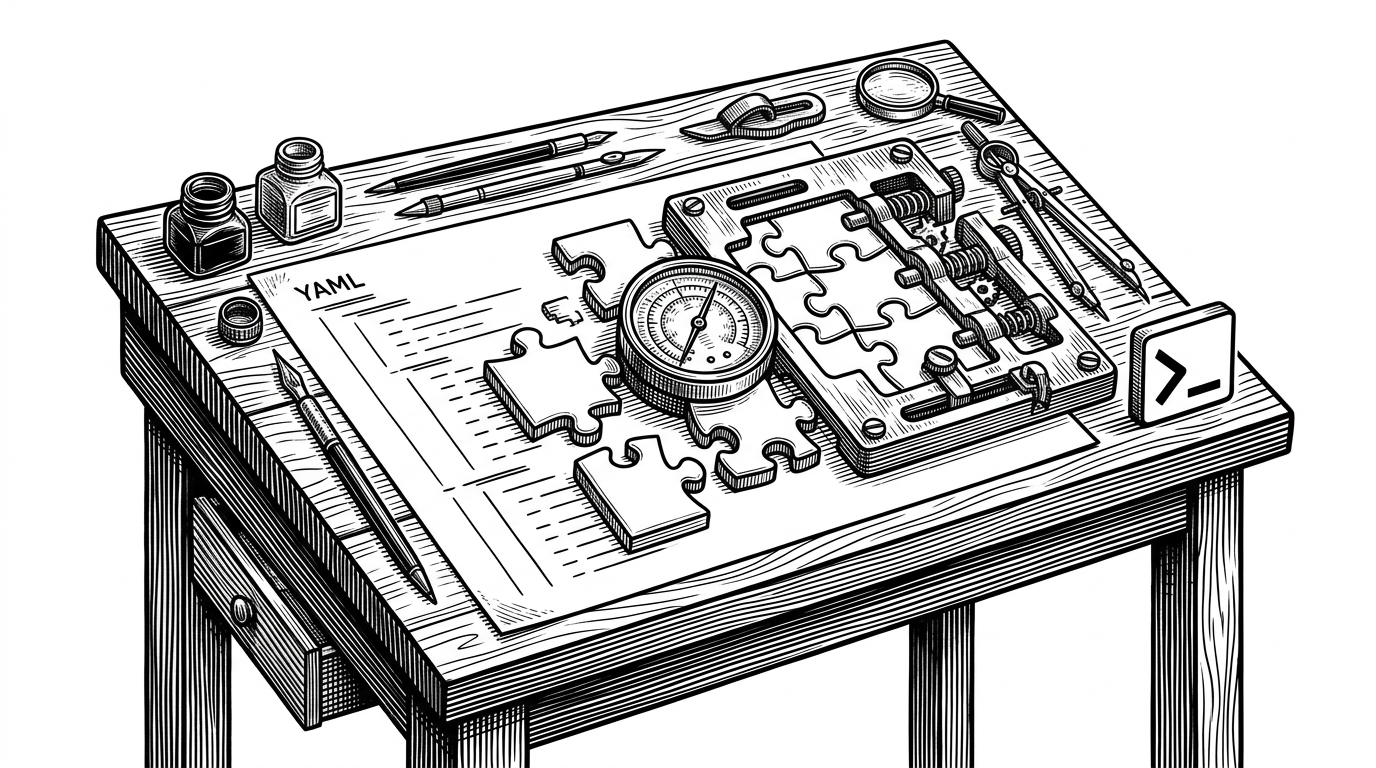 A close view of a drafting bench shows a YAML page, reusable prompt fragments, a validation gauge, and a set of mechanical slots locking together. The scene illustrates how the repo compiles shared prompt parts into narrower, safer agent contracts.