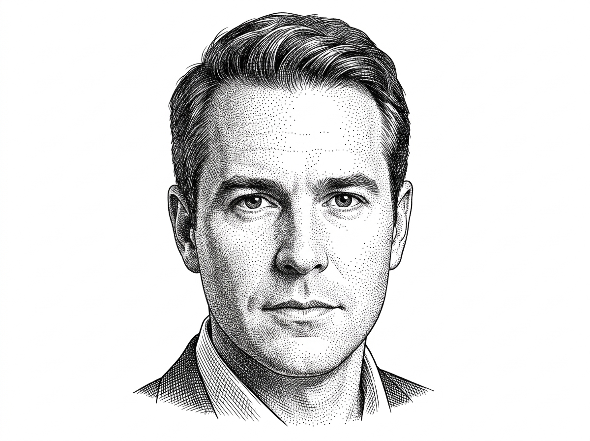 A hedcut-style portrait of Andrew Nesbitt rendered in black ink on a white background. It provides a human anchor for the Forge project and connects the renderer to its creator.