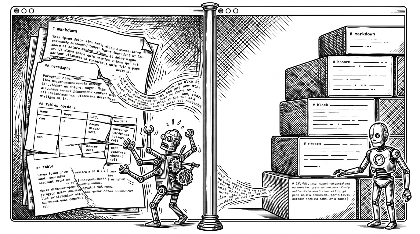 A wide scene shows two terminal rendering approaches side by side. One side keeps rebuilding the entire document as new text arrives, causing the layout to jitter. The other side keeps a stable stack of completed blocks while only the last block changes. It explains why streaming-first rendering avoids repeated full-document work.