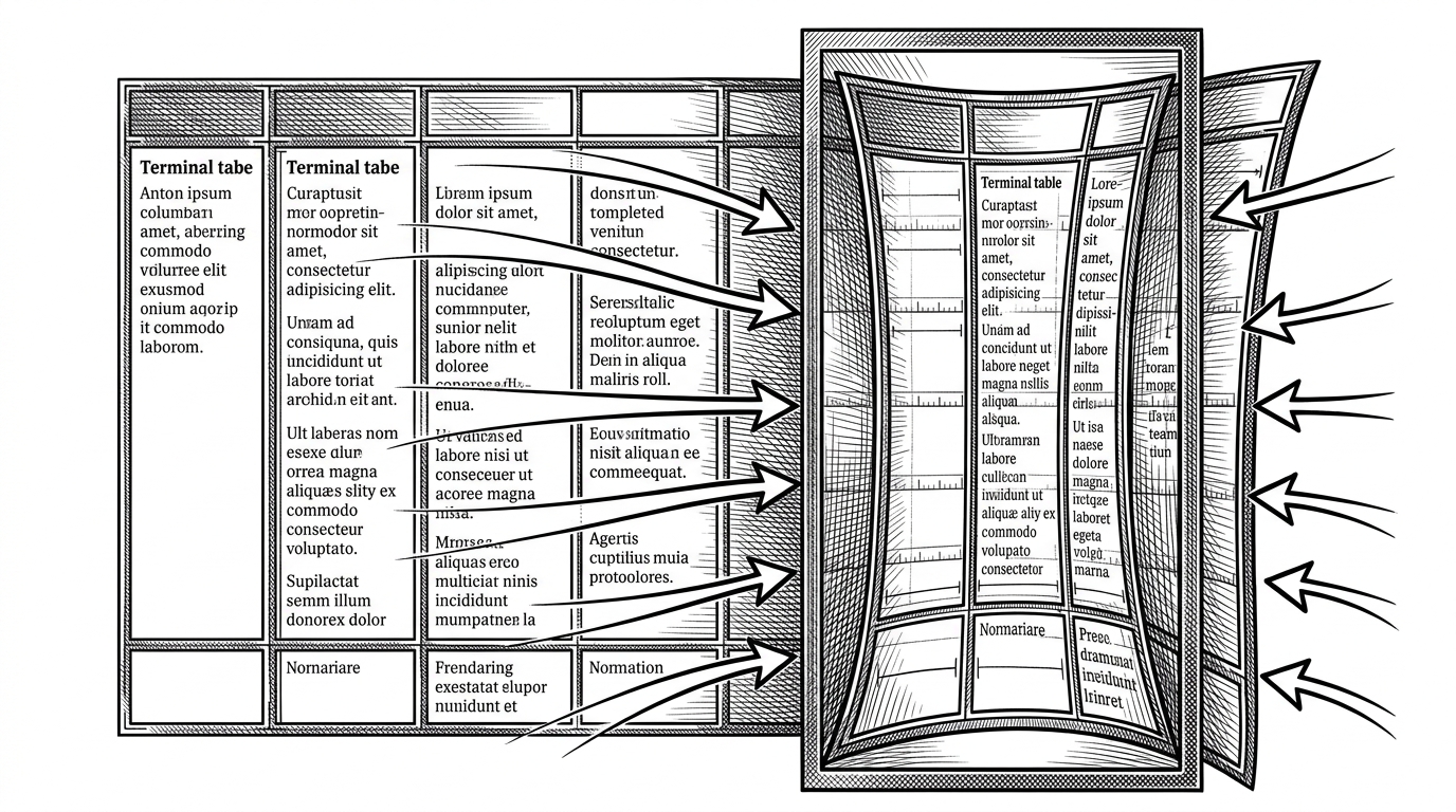 A wide table is squeezed into a narrow terminal while its columns shrink proportionally and wrap cleanly. The visible borders stay aligned even as the content reflows. It explains why terminal tables need width measurement that ignores hidden styling codes.