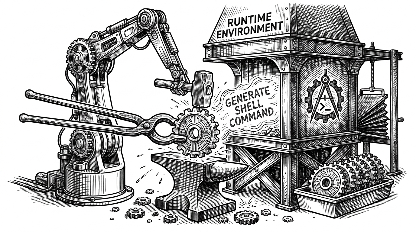 A mechanical arm holding a glowing prompt with iron tongs, hammering it into a precise gear on an industrial forge.