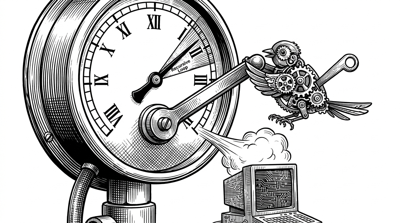 A vintage steam pressure gauge with the needle in the red zone, being vented safely by a mechanical bird pulling a brass lever.
