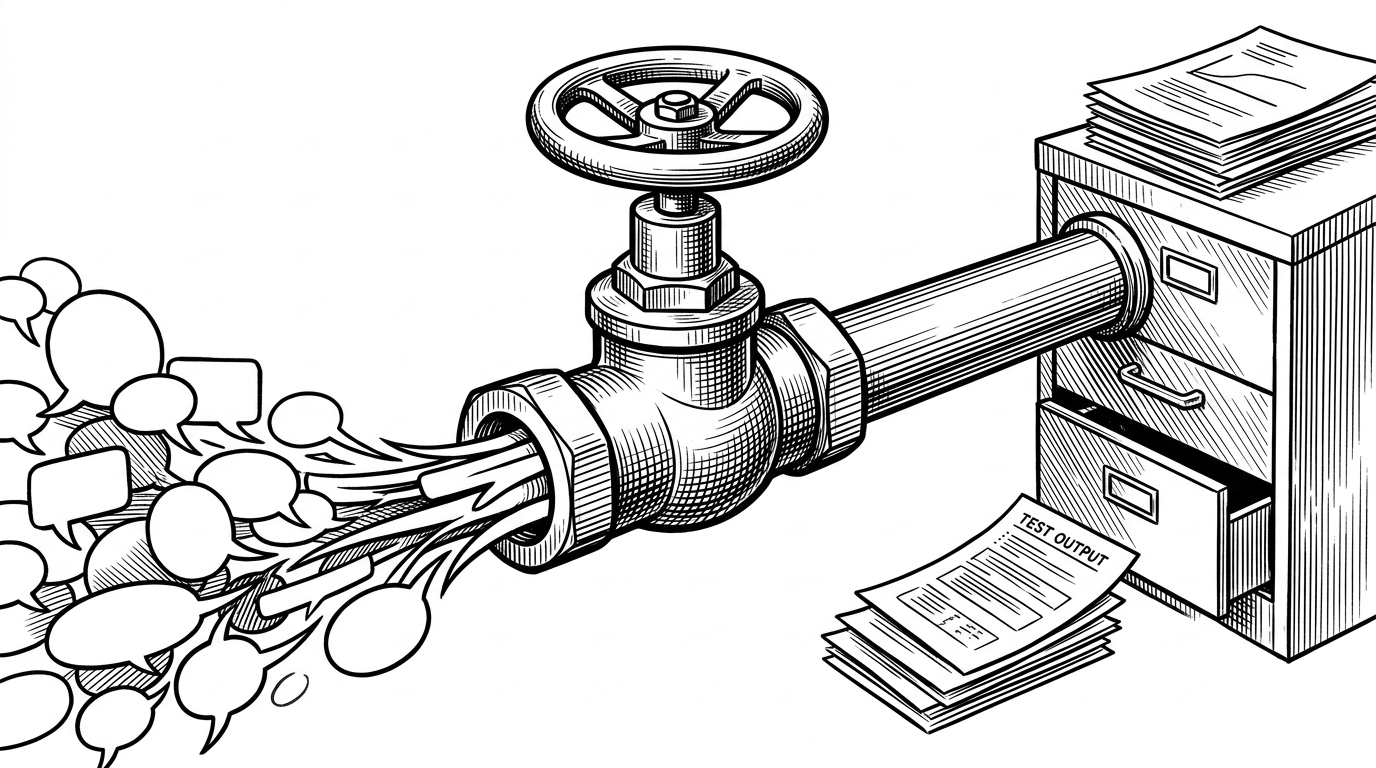 A close-up mechanical valve narrows a stream of speech bubbles into a single clean command line that passes through a pipe into a file cabinet and test output. The image explains how reducing conversational noise can improve reliability in a terminal agent.