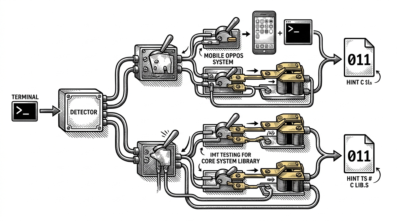 A close-up mechanical switchboard where a terminal prompt feeds a detector box, then splits into Android, glibc, and musl routes. The image explains how Forge selects the correct binary by testing the environment rather than assuming one Linux build will fit all machines.