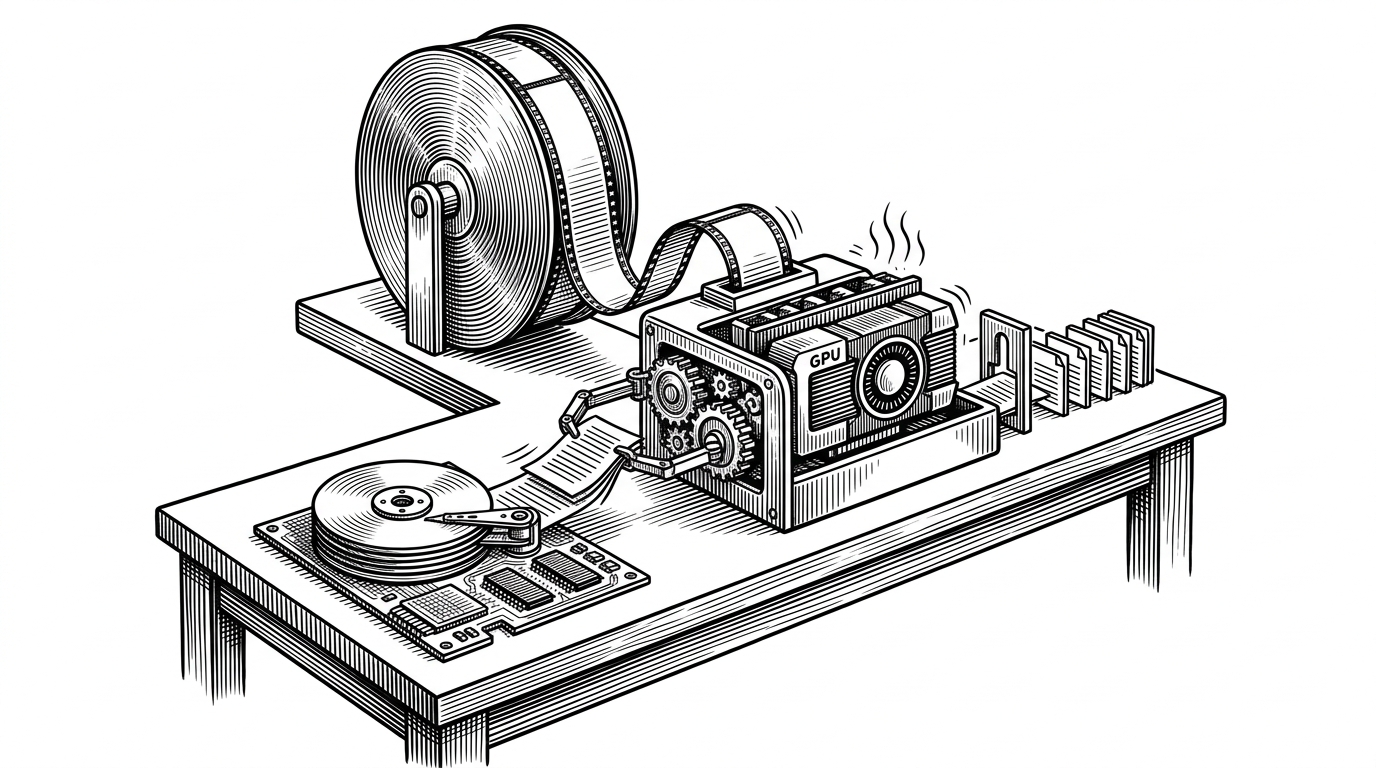 A wide workshop scene shows a single oversized spool of model data feeding a compact machine, with disks, memory chips, and a GPU-like block connected by a controlled path. The image explains the repo’s core idea: long-context inference works best when disk, memory, and compute cooperate as one managed pipeline.