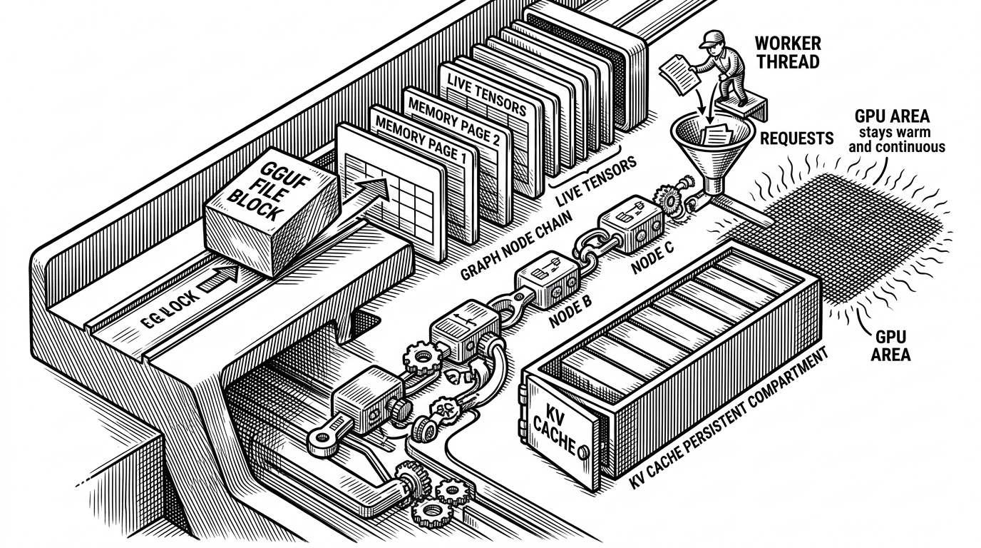 A close-up cutaway shows a model file sliding from disk pages into memory and then into a chained graph of operations, with a persistent KV compartment held nearby. The image explains how ds4 turns file mapping and device-resident state into a workflow that can resume long conversations without rebuilding everything from scratch.